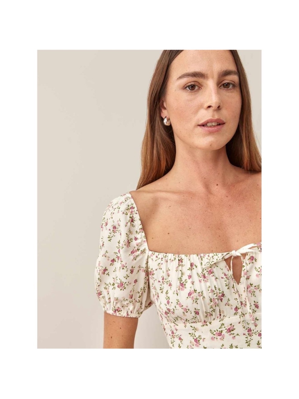 Reformation Corbin Milkmaid Puff Sleeve Floral Dress Cream Pink Size 6 Coquette - Picture 3 of 7